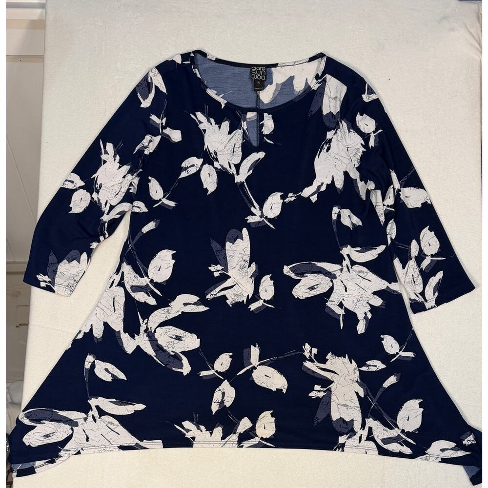 Clara Sun Woo Womens Asymmettical Tunic Navy Blue and White Top XL